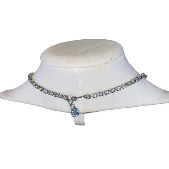Vintage Royal Blue & Light blue Rhinestone Necklace Silver Tone - Picture 7 of 7